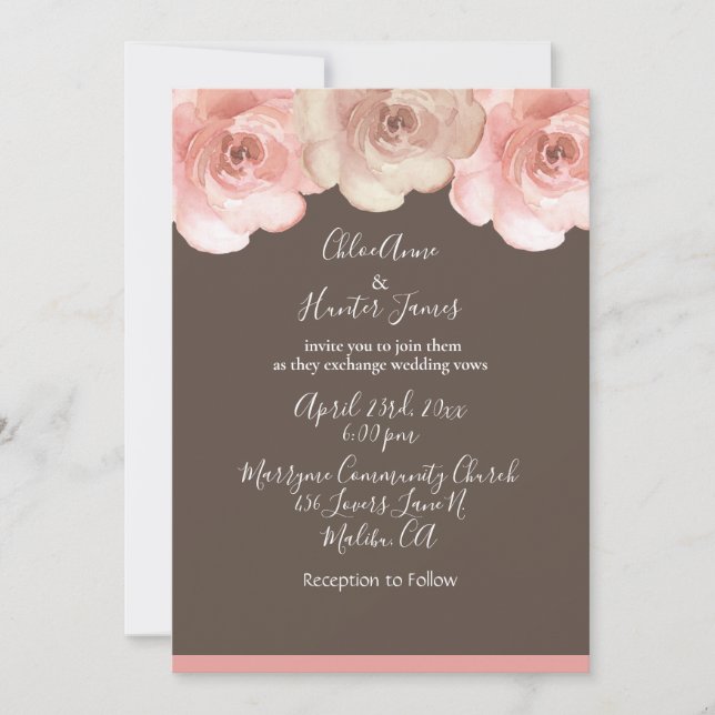 Invitación Elegante Rosa floral de Rubor Boda simple Brown (Anverso)
