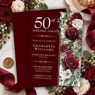 Invitación Elegante Rosa Floral de Vino Borgoña Cumpleaños 50