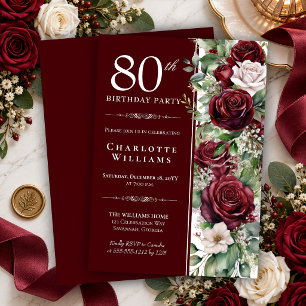 Invitación Elegante Rosa Floral de Vino Borgoña Cumpleaños 80