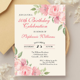 Invitación Elegante Rosa floral femenina 50 cumpleaños
