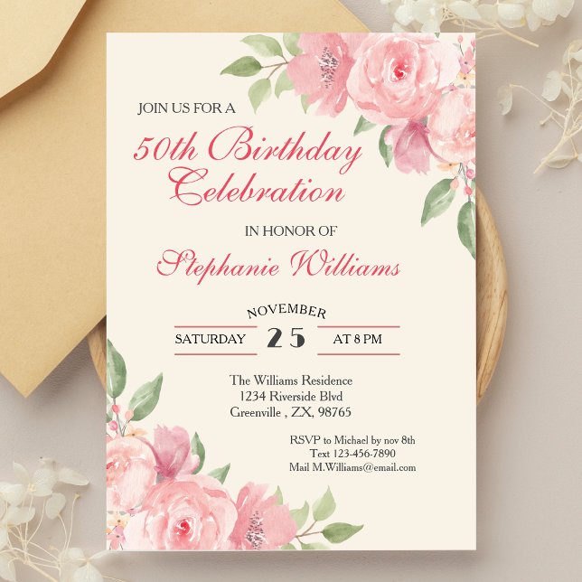 Invitación Elegante Rosa floral femenina 50 cumpleaños (Subido por el creador)