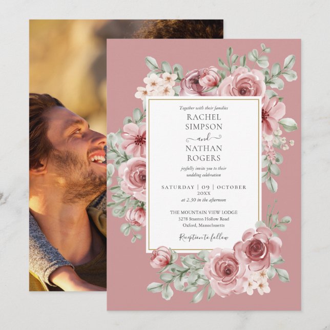 Invitación Elegante Rosa   Floral Gold Boda Foto (Anverso / Reverso)