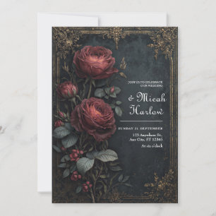 Invitación Elegante Rosa Floral Gótico Oscuro Burgundy Boda