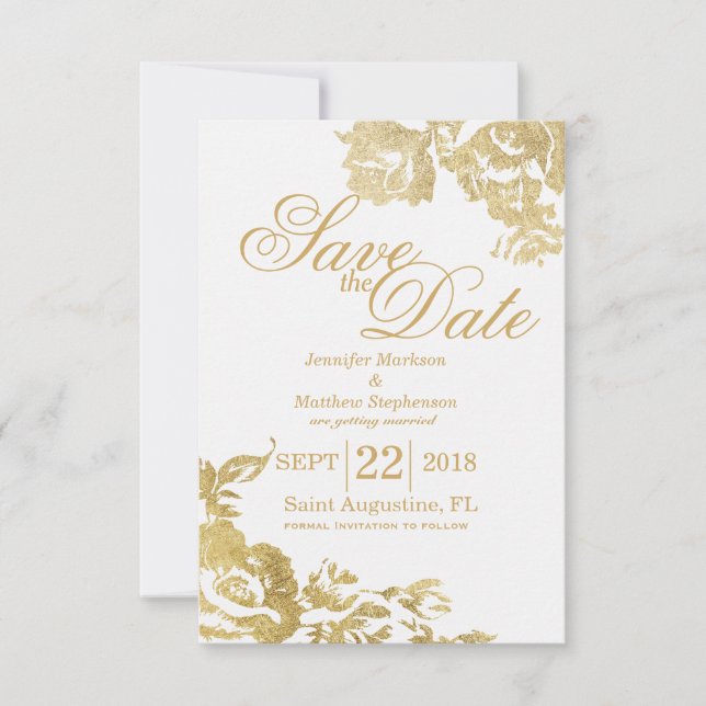 Invitación Elegante Rosa Floral Moderna Dorada Guardar Fecha (Anverso)