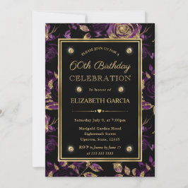 Invitación Elegante Rosa Floral Morado y Dorado Cumpleaños 60