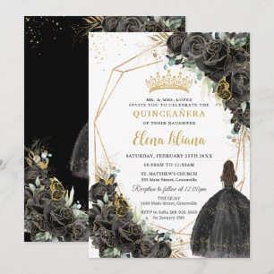 Invitación Elegante Rosa Floral Negra Quinceañera Dulces 16