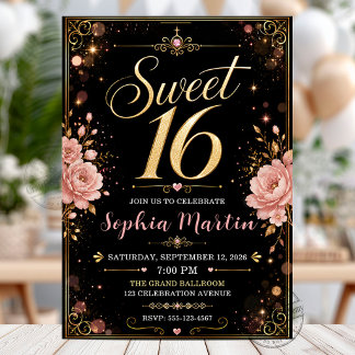 Invitación Elegante Rosa Floral Negro Dorado Cumpleaños 16