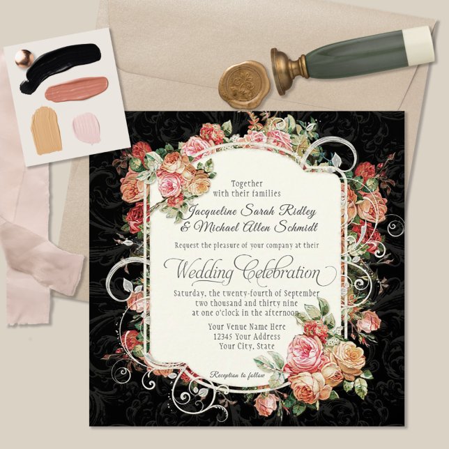 Invitación Elegante Rosa Floral negro mate Rubor Gold (Subido por el creador)