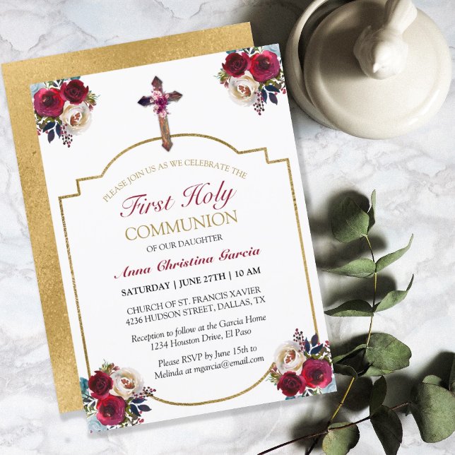 Invitación Elegante Rosa Floral Oro Primera Santa Comunión (Subido por el creador)