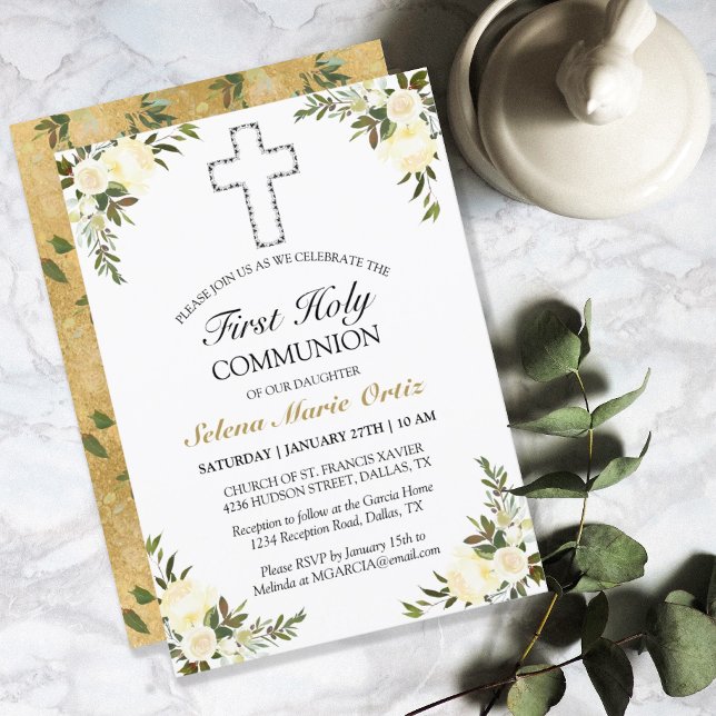 Invitación Elegante Rosa Floral Oro Primera Santa Comunión In (Subido por el creador)
