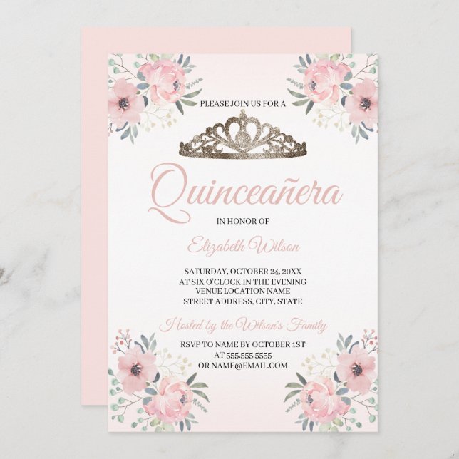 Invitación Elegante Rosa floral oro Rubor rosa Quinceanera (Anverso / Reverso)