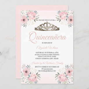Invitación Elegante Rosa floral oro Rubor rosa Quinceanera