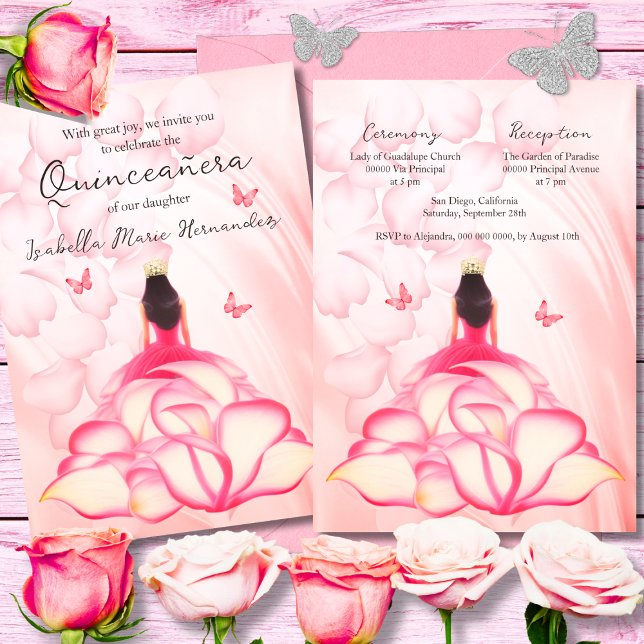 Invitación Elegante Rosa floral Petales Vestido rosa Quinceañ (Subido por el creador)