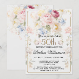Invitación Elegante Rosa Floral Pintada con Rubor Cumpleaños