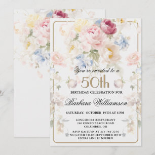 Invitación Elegante Rosa Floral Pintada con Rubor Cumpleaños