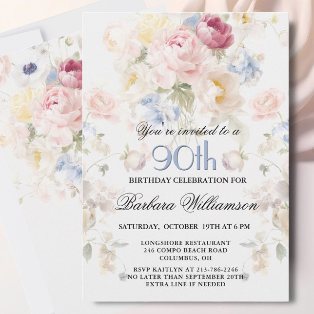 Invitación Elegante Rosa Floral Pintada Cumpleaños 90 (Subido por el creador)