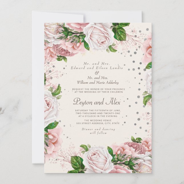 Invitación Elegante Rosa Floral Plateado Brillo Boda (Anverso)