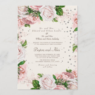Invitación Elegante Rosa Floral Plateado Brillo Boda