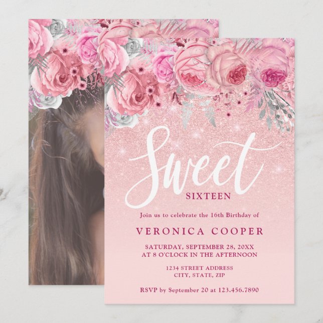 Invitación Elegante rosa floral purpurina oro dulce dieciséis (Anverso / Reverso)