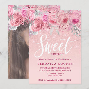Invitación Elegante rosa floral purpurina oro dulce dieciséis