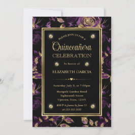 Invitación Elegante Rosa Floral Quinceañera de Púrpura y Oro
