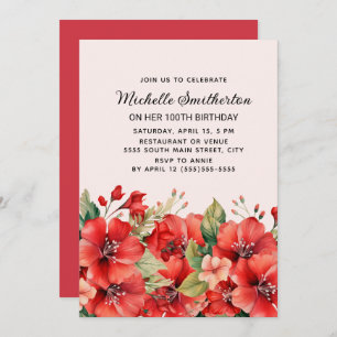 Invitación Elegante Rosa Floral Rojo 100 cumpleaños