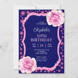 Invitación Elegante Rosa Floral Rosa Azul oscuro 30 cumpleaño