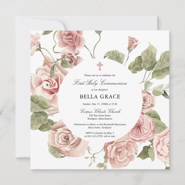Invitación Elegante Rosa Floral Rosa Primera Comunión Santa (Anverso)
