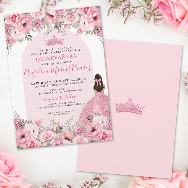 Invitación Elegante Rosa floral rosa Quinceanera (Elegant Floral Rose Pink Quinceanera Invitation)