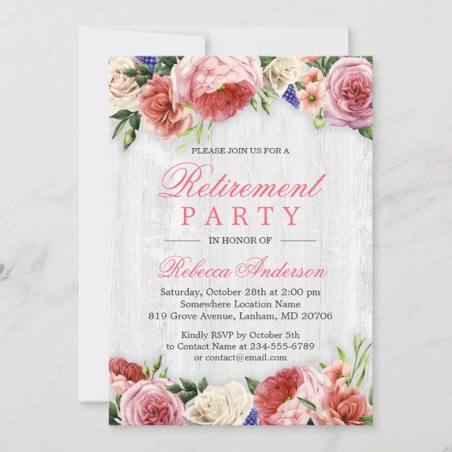 Invitación Elegante Rosa Floral Rústico Fiesta de Jubilación  (Anverso)