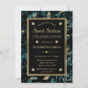 Invitación Elegante Rosa Floral Teal y Dorado Cumpleaños 16