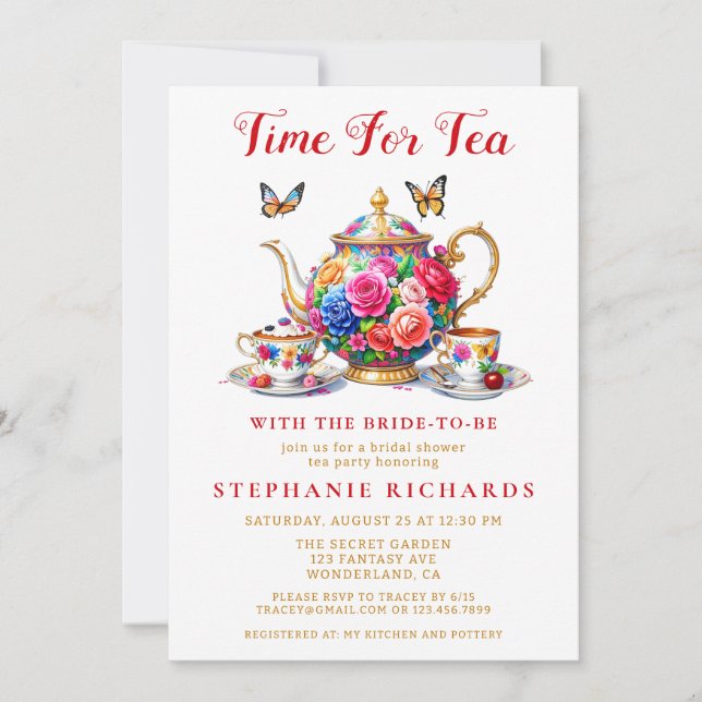 Invitación Elegante Rosa floral Teapot Tea Fiesta Bridal Duch (Anverso)