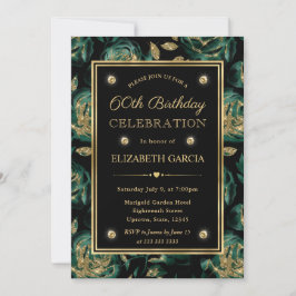 Invitación Elegante Rosa Floral Verde y Dorado Cumpleaños 60