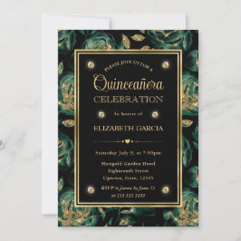 Invitación Elegante Rosa Floral Verde y Dorado Quinceañera