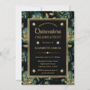 Invitación Elegante Rosa Floral Verde y Dorado Quinceañera