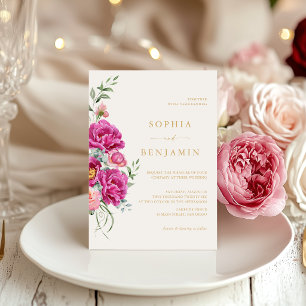 Invitación Elegante Rosa Floral Vibrante Boda Dorado