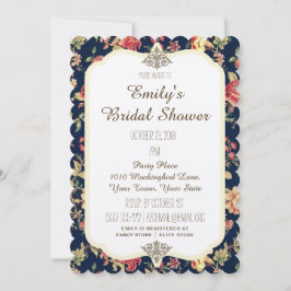 Invitación Elegante Rosa floral vintage Blue Bridal Shower