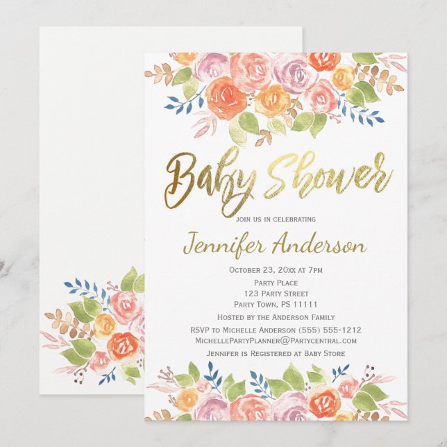 Invitación Elegante Rosa floral Watercolor Baby Shower (Anverso / Reverso)