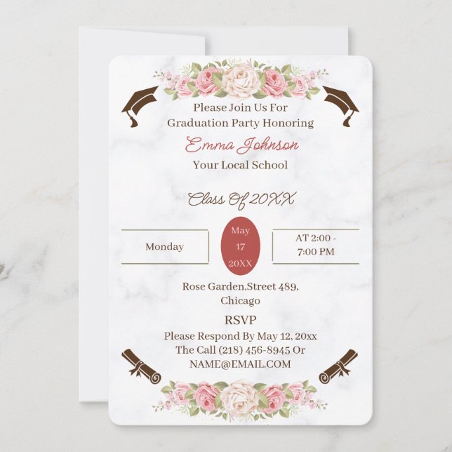 Invitación Elegante Rosa Flores Graduación Personalizada (Anverso)