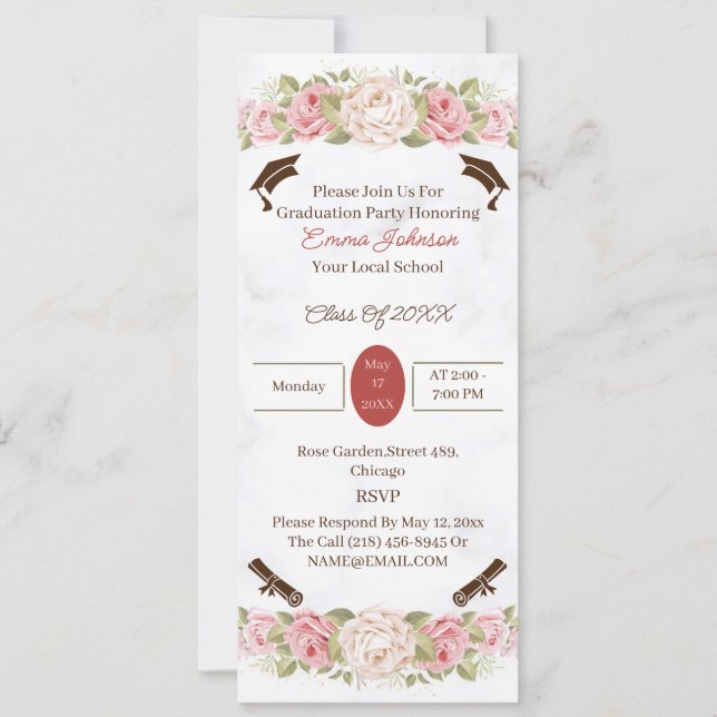 Invitación Elegante Rosa Flores Personalizado Graduación (Anverso)