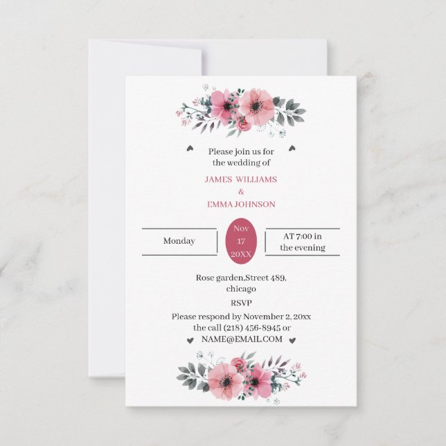 Invitación Elegante Rosa Flower Custom Wedding (Anverso)