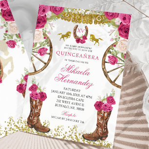 Invitación Elegante rosa Fuchsia Rojo Rosa Charra Quinceañera
