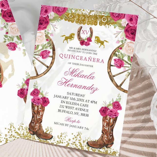 Invitación Elegante rosa Fuchsia Rojo Rosa Charra Quinceañera (Subido por el creador)