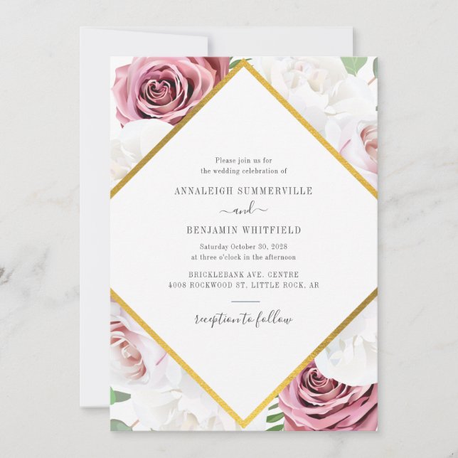 Invitación Elegante Rosa geométrico Boda botánico de oro (Anverso)