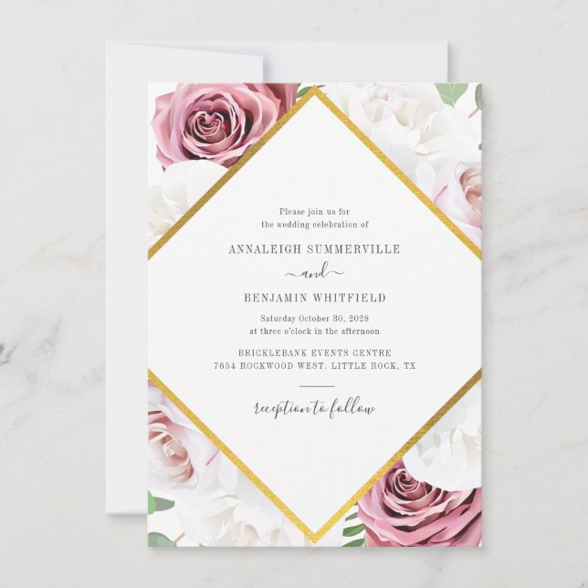Invitación Elegante Rosa geométrico Boda floral dorado (Anverso)