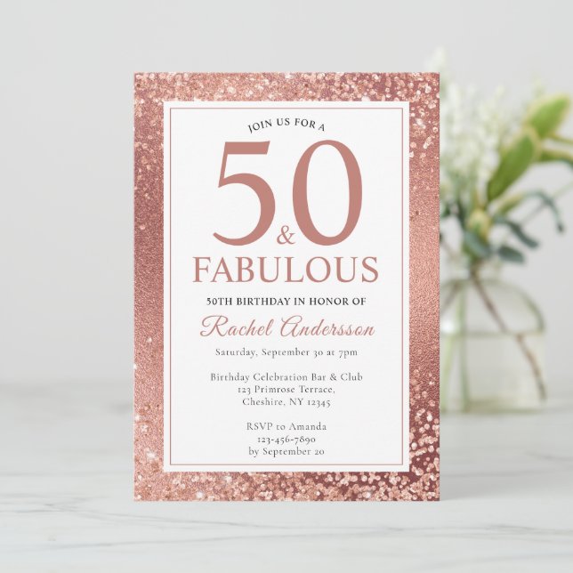 Invitación Elegante Rosa Gold 50 y fabuloso cumpleaños 50 (Anverso de pie)