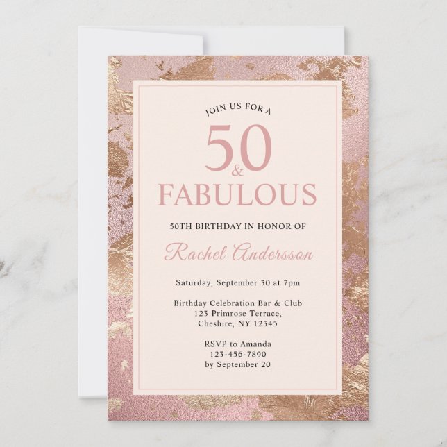 Invitación Elegante Rosa Gold 50 y fabuloso cumpleaños 50 (Anverso)