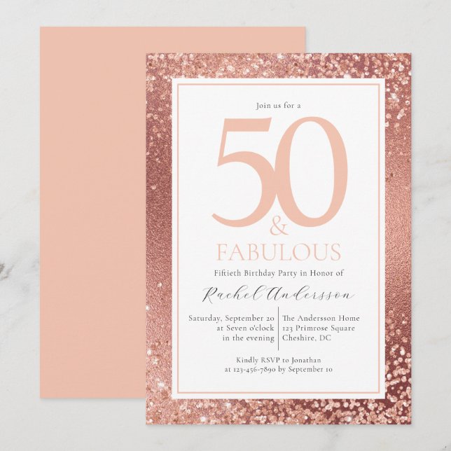 Invitación Elegante Rosa Gold 50 y fabuloso cumpleaños 50 en (Anverso / Reverso)
