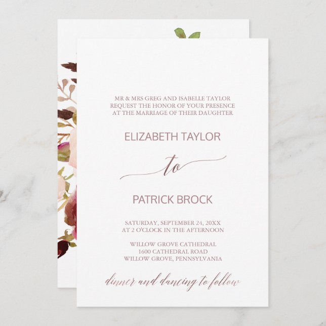 Invitación Elegante Rosa Gold | Boda formal floral (Anverso / Reverso)