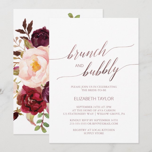 Invitación Elegante Rosa Gold | Brunch floral y burbuja (Anverso / Reverso)